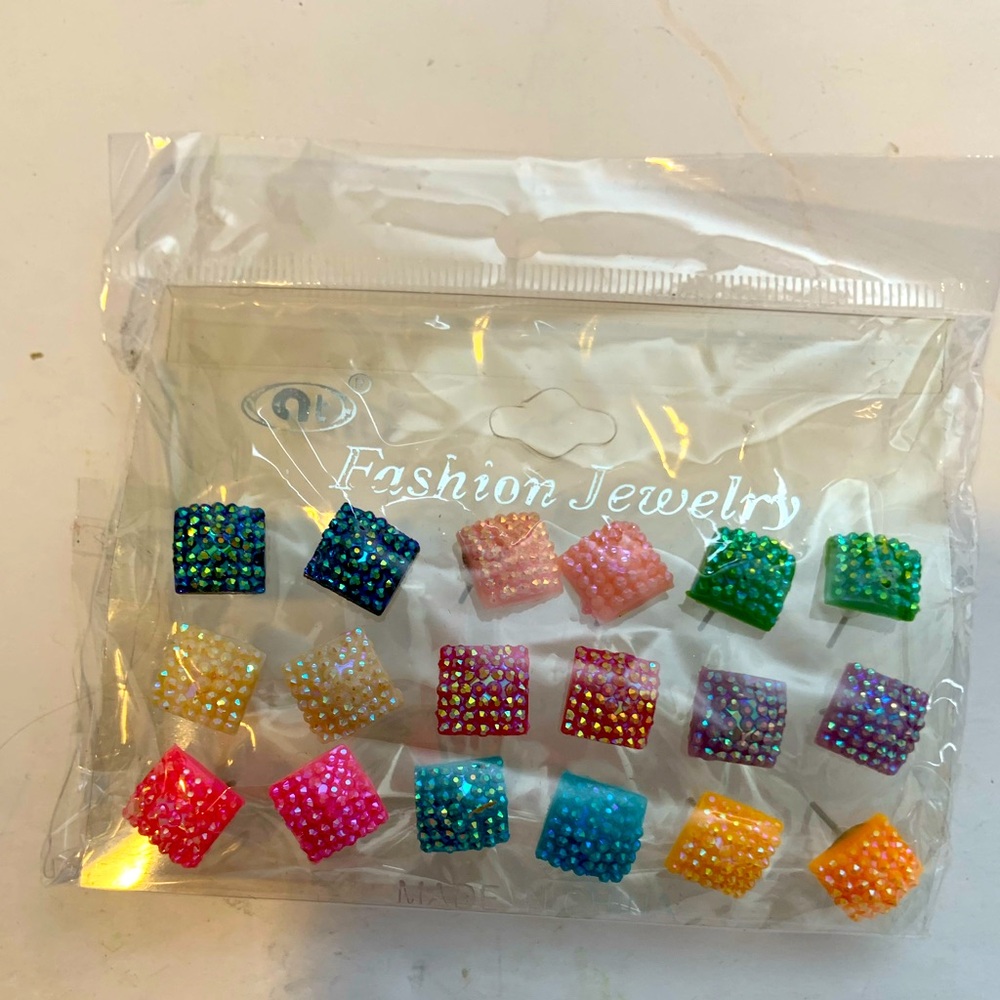 9 pair Earrings, sparkling glittery post earrings. Blue-pink-green-orange-purple